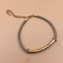 Gold Tone Curved Bar Bracelet Gray Cord Adjustable Cable Chain Lobster Clasp