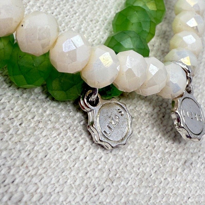 Lizas Beaded Bracelet Set Green White Faceted Crystal Stretch Layering Stacking gallery