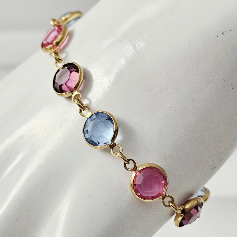 Vtg Swarovski Crystal Gold Tone Blue Pink Plum Bezel Set Bracelet Signed Swan gallery