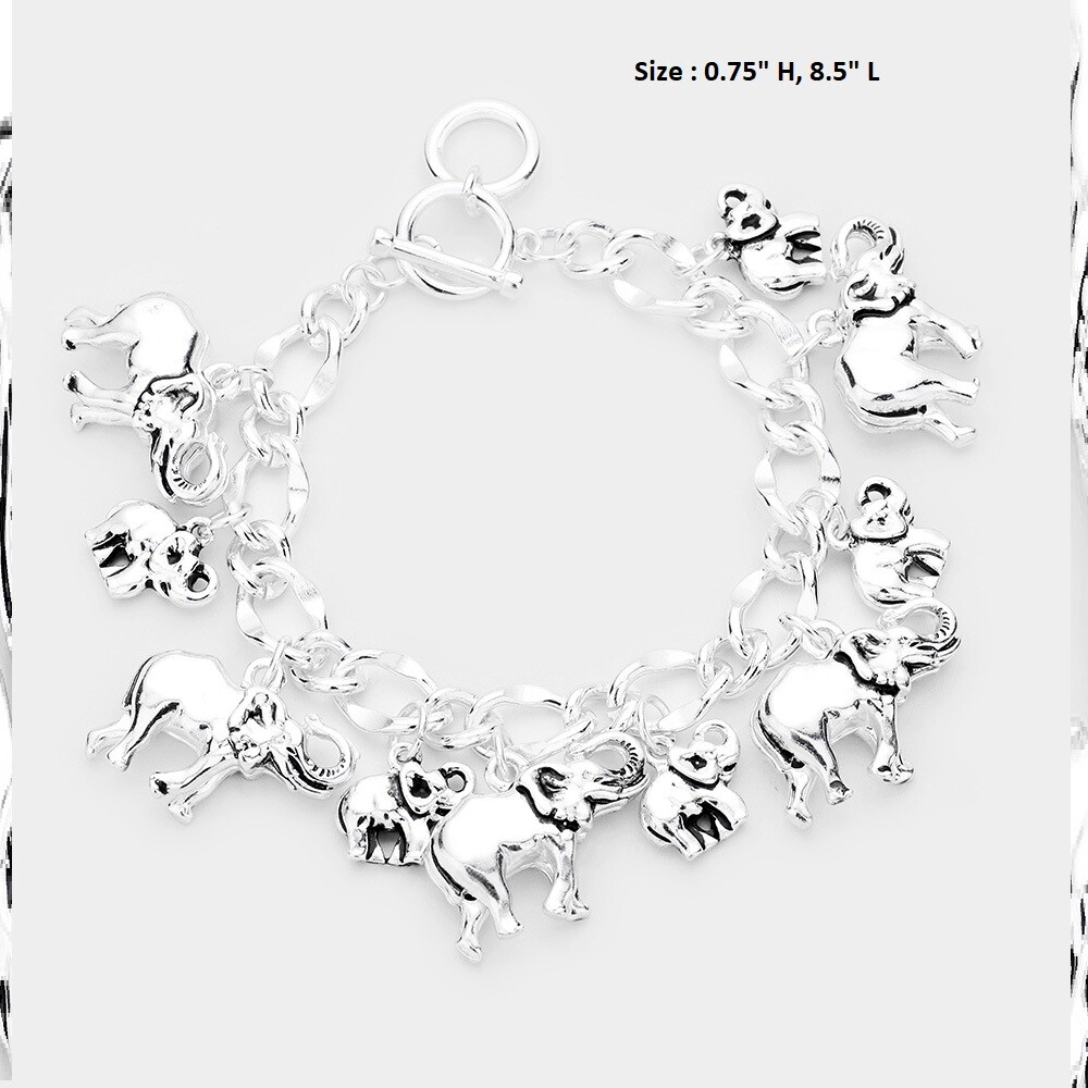 3D Multi Elephant Charm Chain Link Metal Bracelet Bangle Cuff