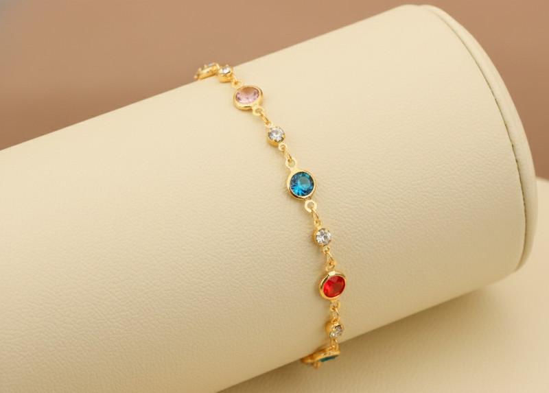 Elegant 18K Gold Plated Multi Color Stone Bracelet Minimalist Gold Tone Brass gallery