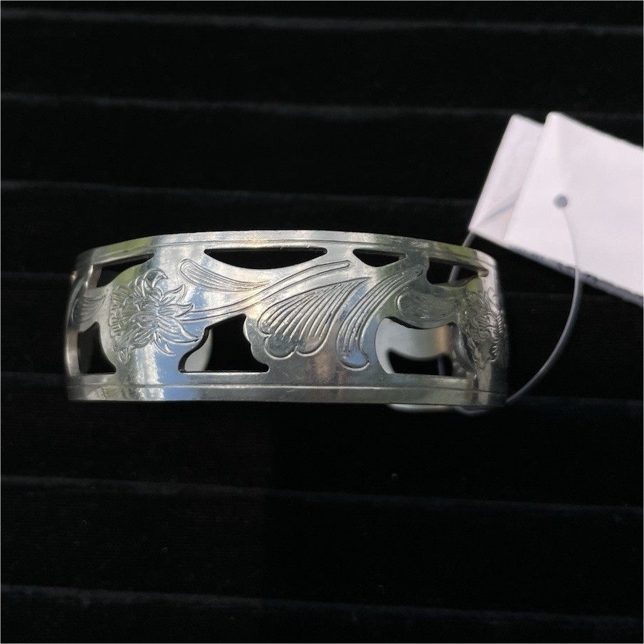 Kirk and Sons Pewter Floral Cutout Engraved Wide Cuff Bracelet Signed gallery