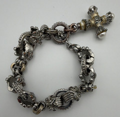 Silver Tone Oval Link Chain Bracelet Cross Dangle Toggle White Round Pearls