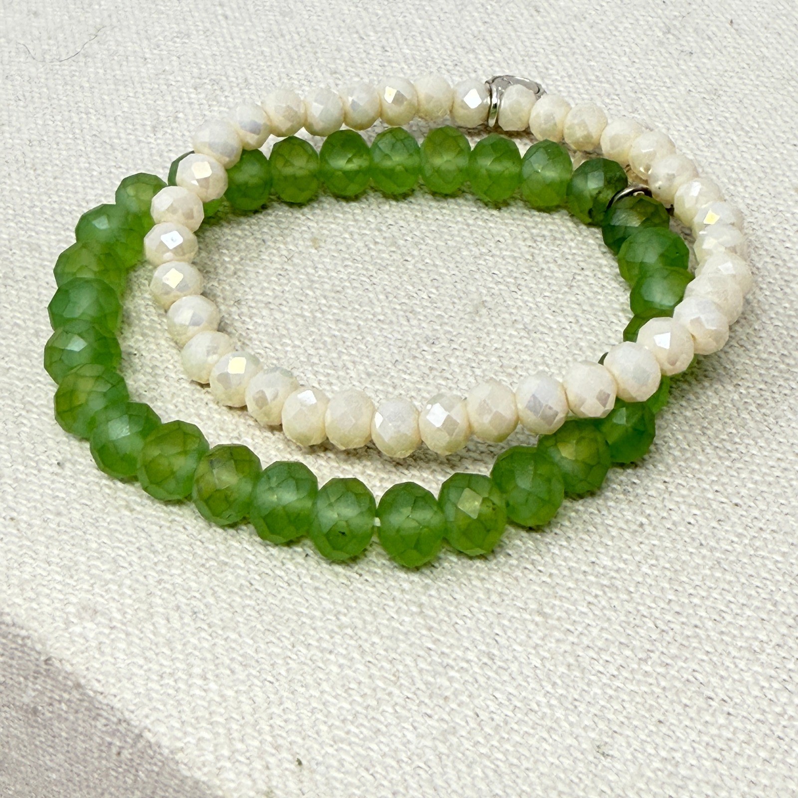 Lizas Beaded Bracelet Set Green White Faceted Crystal Stretch Layering Stacking gallery