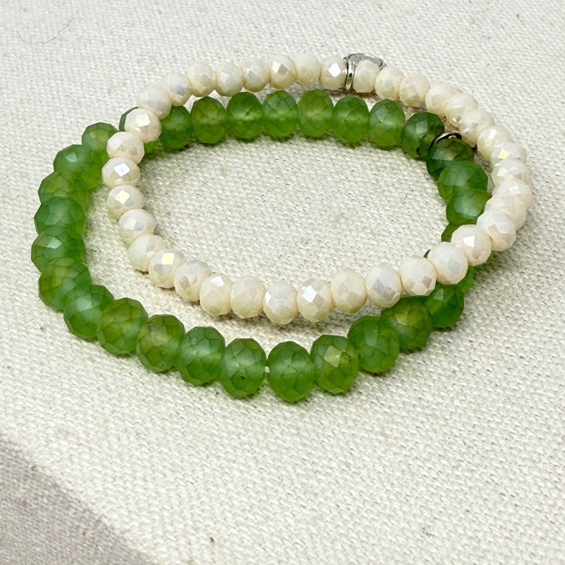 Lizas Beaded Bracelet Set Green White Faceted Crystal Stretch Layering Stacking gallery