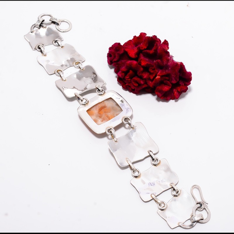 Orange Calcite- Peru 925 Sterling Textured Silver Bracelet 8.99" B84347 gallery