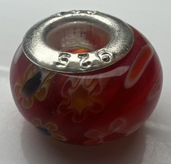 925 Sterling Silver Murano Glass Bead European Red Yellow Blue Millefiori Flower