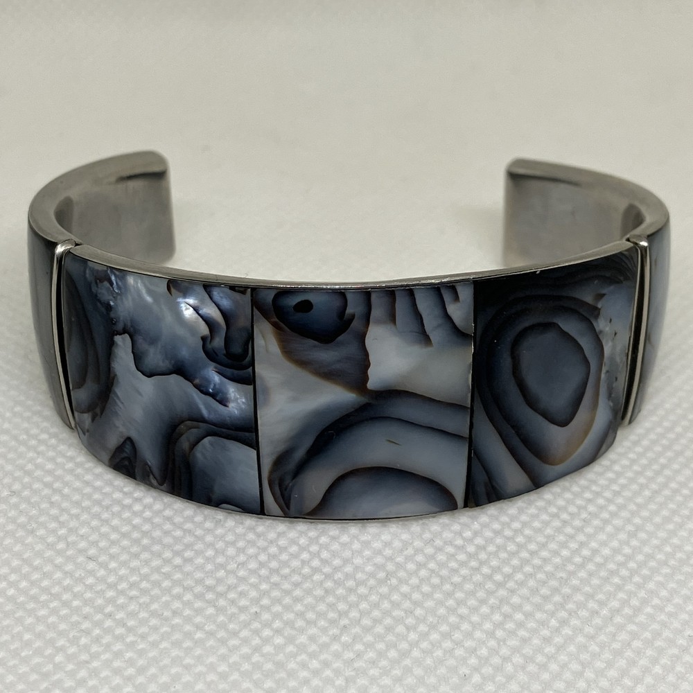 Vintage Mother of Pearl Inlay Opalescent Cuff Bracelet Silver Tone Unbranded