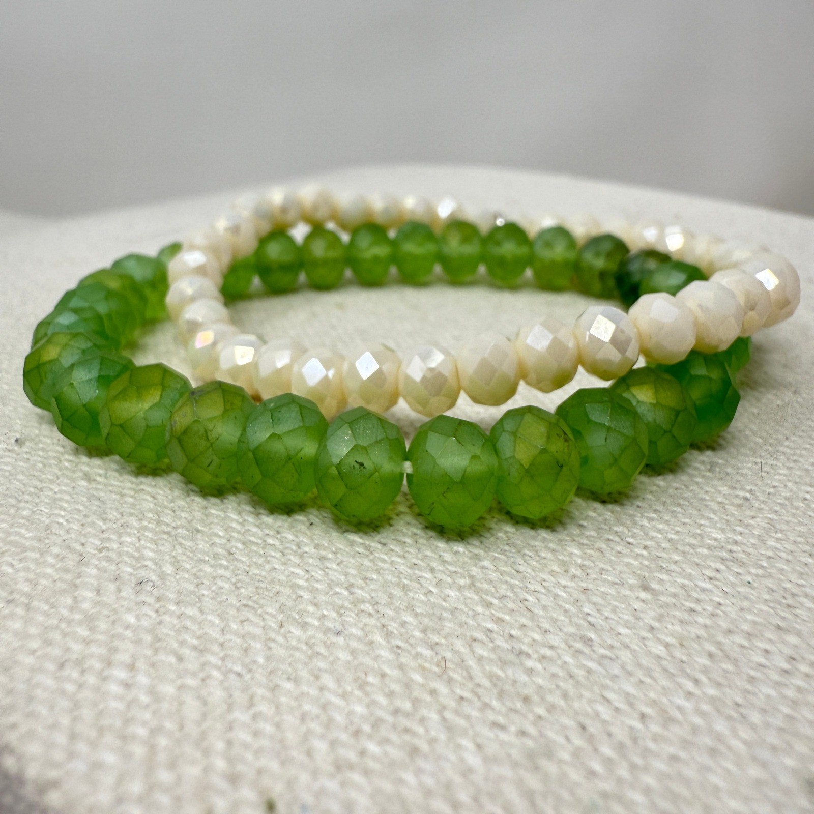 Lizas Beaded Bracelet Set Green White Faceted Crystal Stretch Layering Stacking gallery