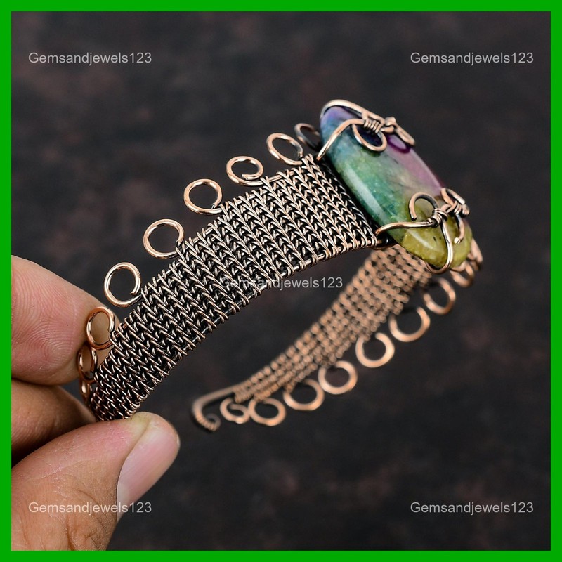 Rainbow Solar Quartz Druzy Gemstone Copper Daughter Wire Wrapped Cuff Jewelry gallery