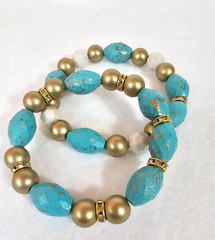 Aquamarine White Gold Bead Bracelet Set | Aqua Beads w/ gold accessories 7.5″