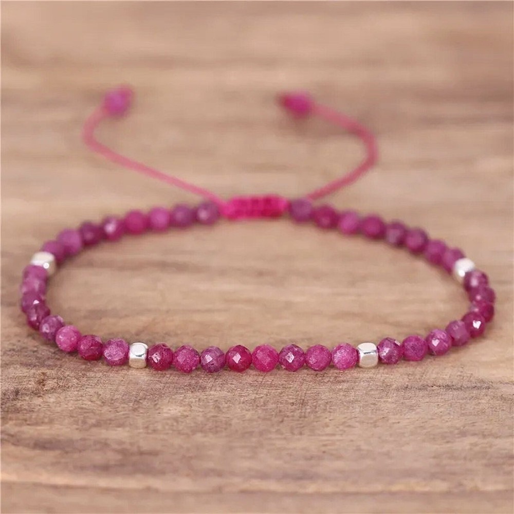 Natural 4mm Ruby Stone Beaded Bracelet Red Gemstone Braided Bracelet for Love