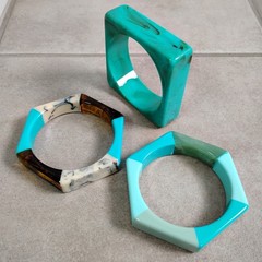 Teal Blue Turquoise Octagon Square Bangle Bracelet Sz 8 Chunky Plastic Set