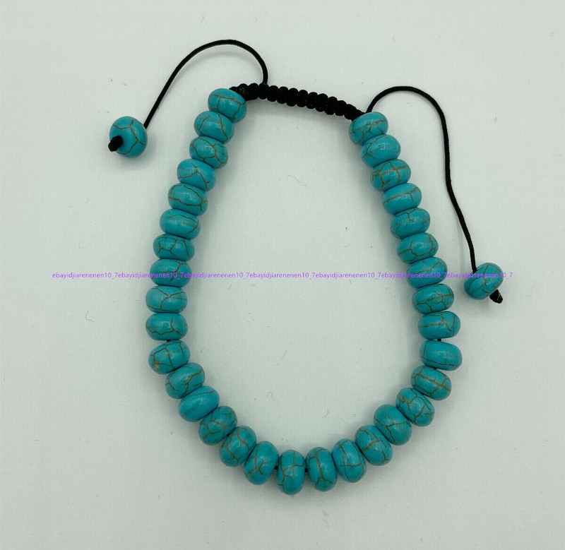 Natural 5x8mm Blue Turquoise Gemstone Rondelle Beads Braided Bracelet 7.5 in gallery