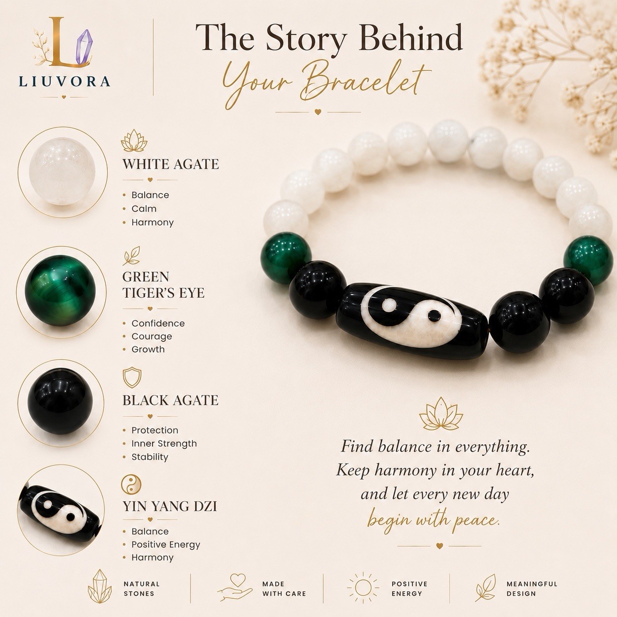 Natural Stone Yin Yang Dzi Bracelet White Agate Green Tiger Eye Handmade gallery