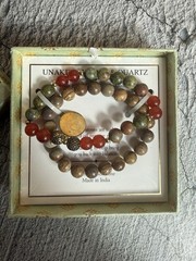 NIB Shivam Unakite Jasper & Quartz Gem Stone Beaded Bracelet Brass Made in India