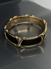 VINTAGE SIGNED BRONZE MILOR ITALY BLACK LEATHER GOLDTONE 7.5” BANGLE BRACELET