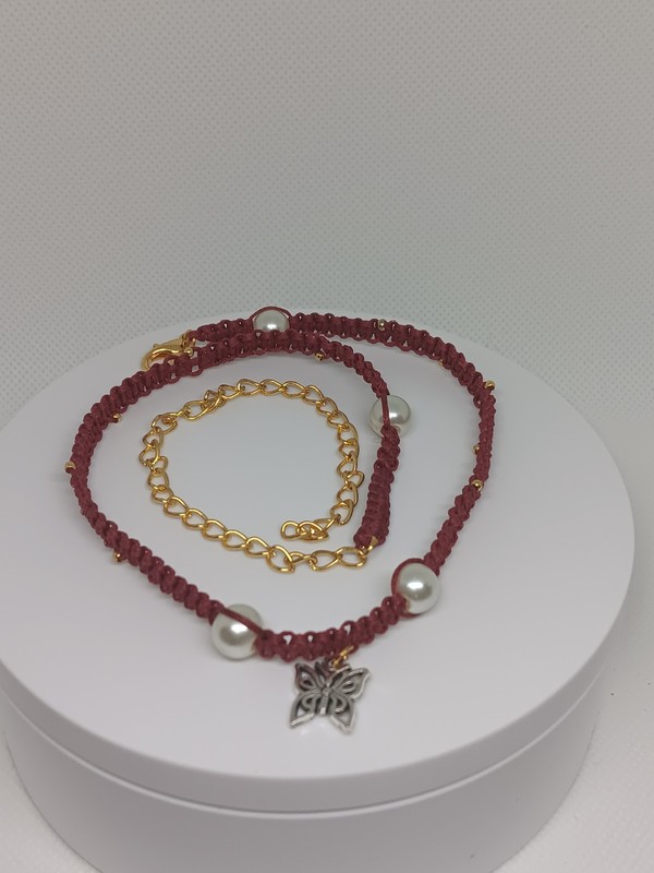 Beautiful Red Butterfly Charm, Faux Pearls, Handwoven Necklace gallery
