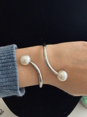 Modern Silver Tone Faux Pearl Hinged Cuff Bracelet Minimalist Bangle Open