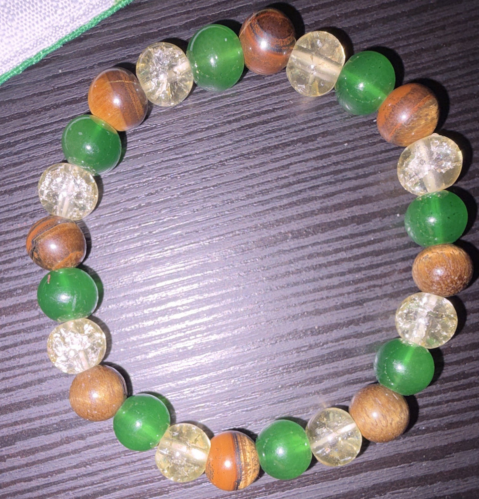 Green Brown Yellow Stone Round Beaded Stretch Bracelet No Clasp