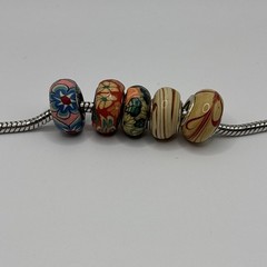 Sterling 925 Polymer Clay Beads Charm Mixed Art Design Floral Swirls Lot Of 5