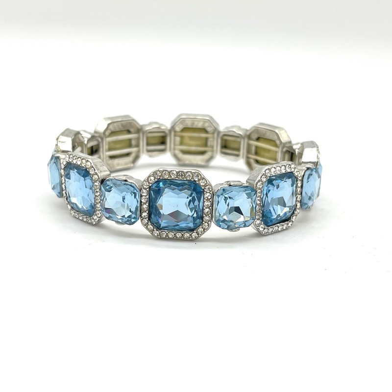 Monet Blue Crystal Stretch Bracelet Silver Tone Emerald Cut Pave Halo 7 Inch gallery