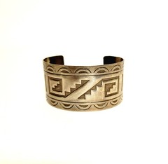 Silver Plated Solid Copper Adjustable Cuff Bracelet Embossed Aztec Design VTG