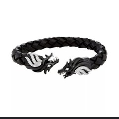 Black Leather Stainless Steel Cz Encrusted Dragon Bracelet Mens Unisex