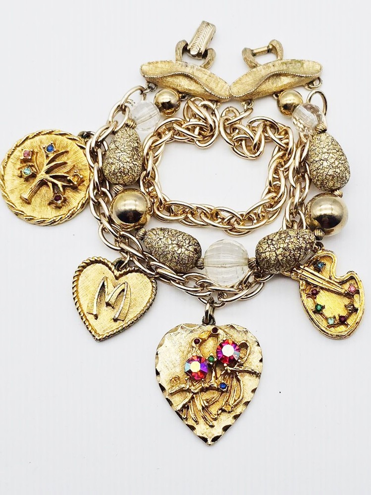 VINTAGE 1950S BREATHTAKING CORO CHARM BRACELET LARGE HEAVY CHARMS RHINESTONES