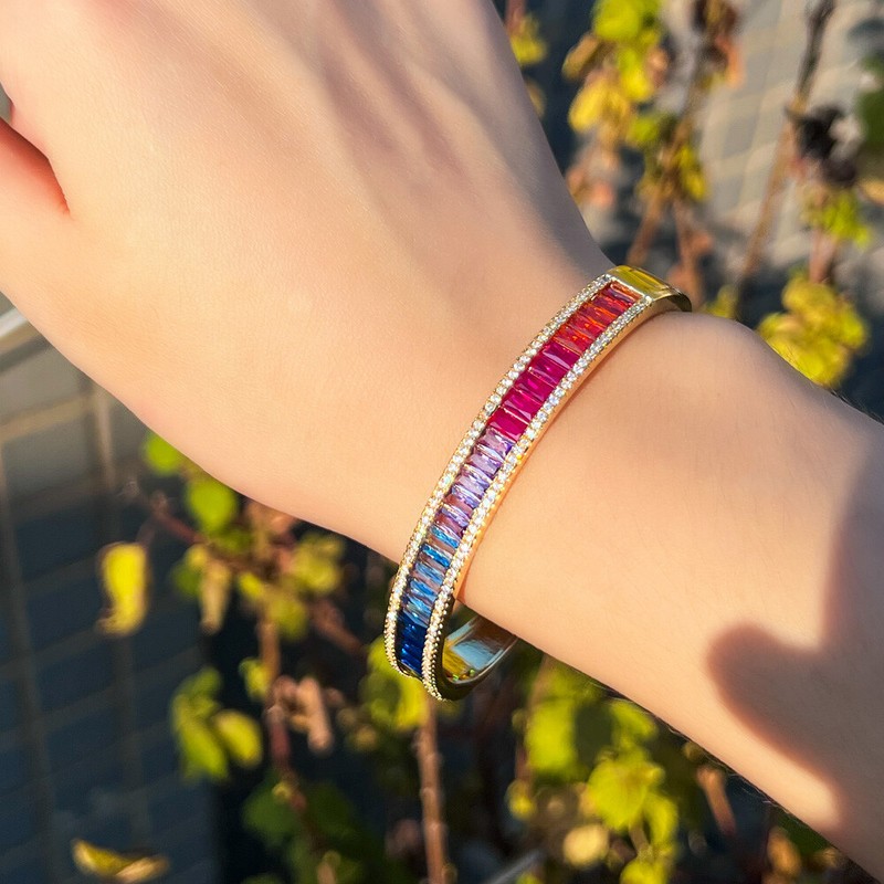 Women Gorgeous Gold Plated Rainbow Zircon Crystal Bangle Bracelet Bridal Jewelry gallery