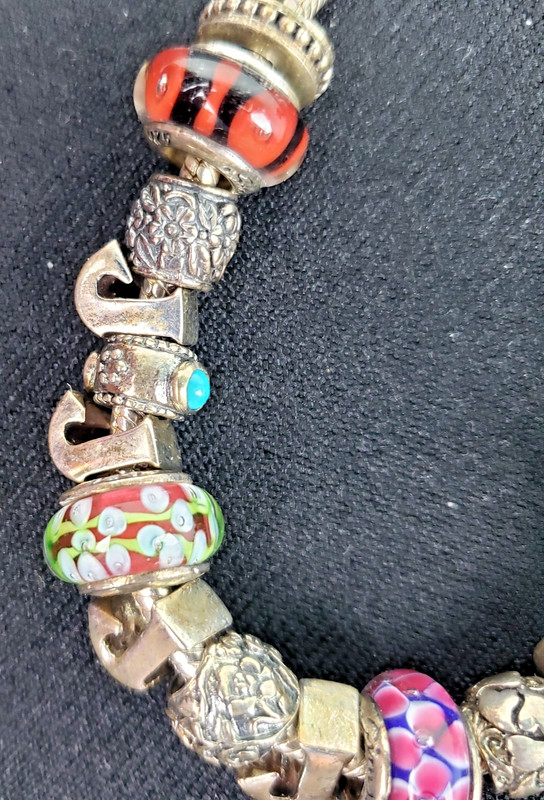 Pandora Q.G. 925 Silver Charm Bracelet on a Snake Chain w/Various Beads 7.5" gallery