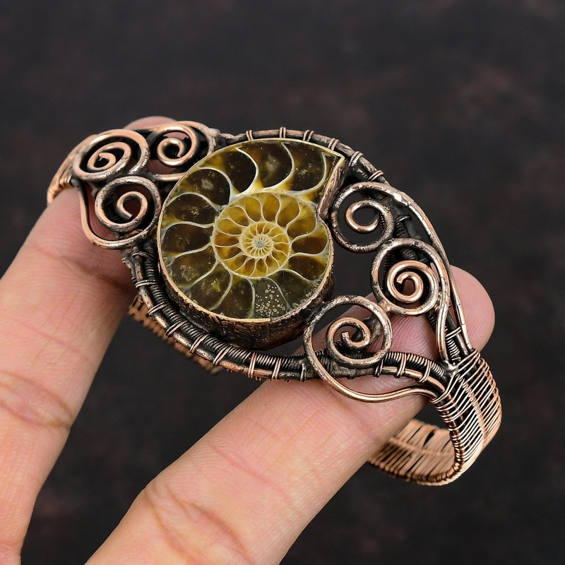 Ammonite Fossil Jewelry Copper Gift For Mom Wire Wrapped Adjustable Bangle gallery