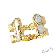 18K Gold Plated Brass White Freshwater Pearl Double Layer Hammered Cuff Bracelet