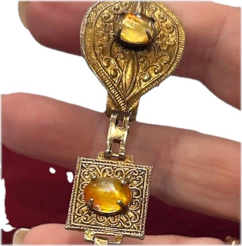 Vtg Brass Tone Panel Bracelet w/Beautiful Fire Opal Stones:Orange Yellow, Green gallery