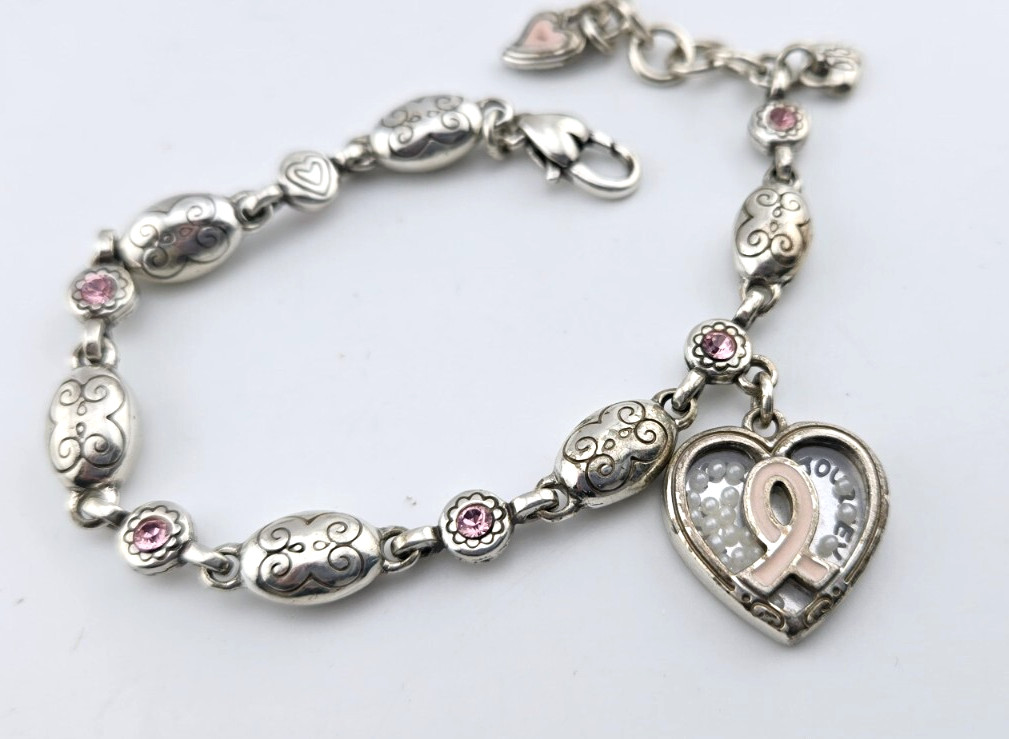BRIGHTON Breast Cancer Pink Swarovski Silver Links Bracelet Retired 2004 #455 gallery