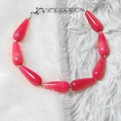 Natural Pink Jade Smooth Teardrops Gemstone Silver Filled Beaded Bracelet 6-8”