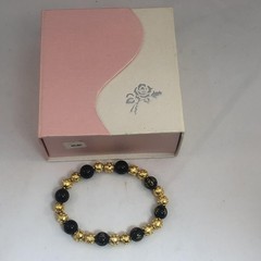 Gold Tone Black Bead Stretch Bracelet Filigree Engraved Script New with Gift Box