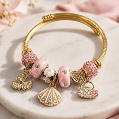 Gold Tone Charm Bangle Bracelet w/ Pink Round Crystal Beads Dangle Charms