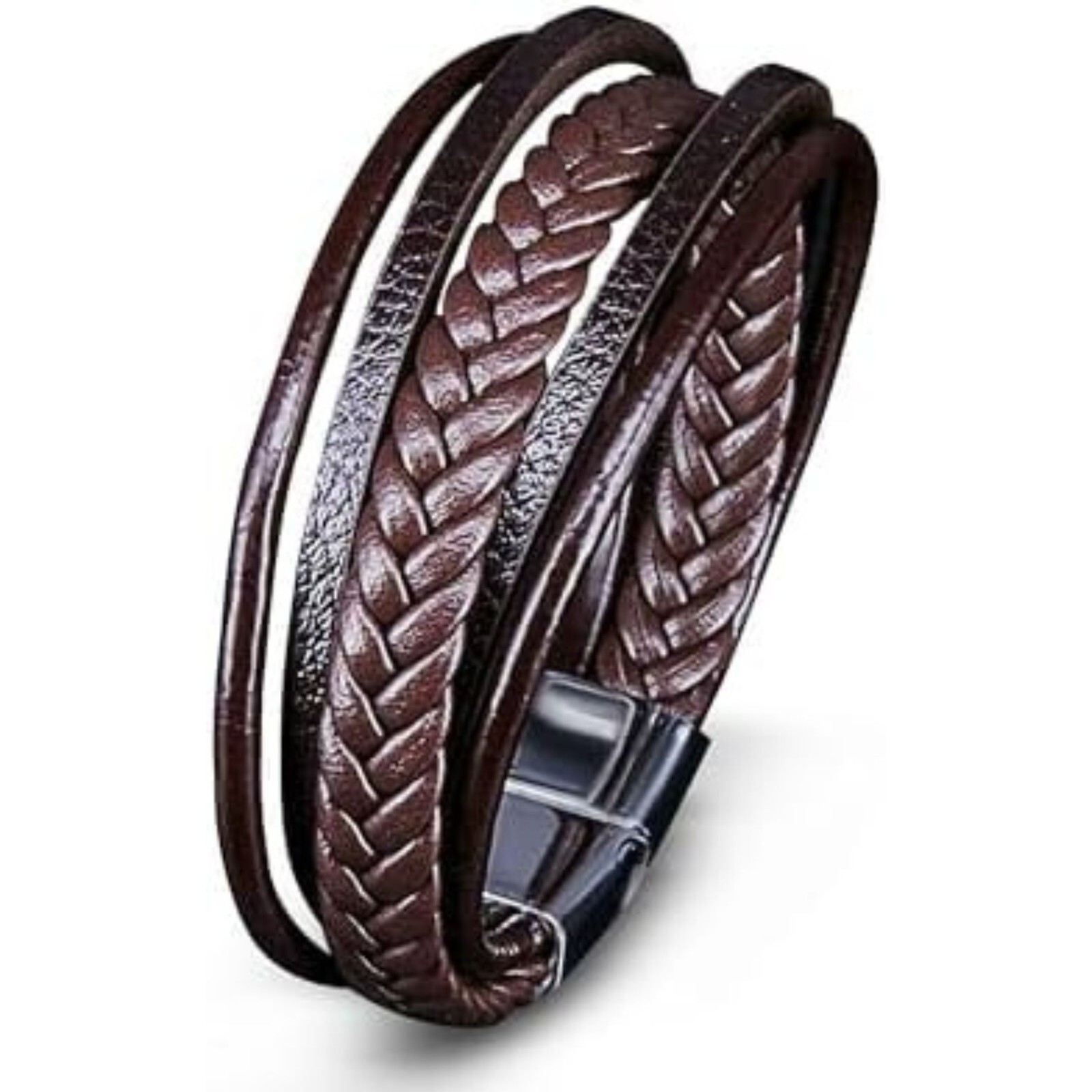 Mens Bracelet Multi-Layer Leather Braided Rope Magnetic Clasp Bracelet, Brown gallery