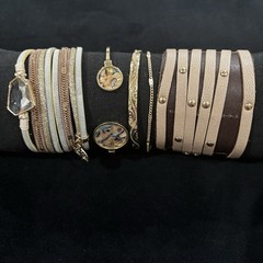 Lot 5 Neutral Glam Bracelets Leather Cuff Gold Tone Mother of Pearl Cuffs
