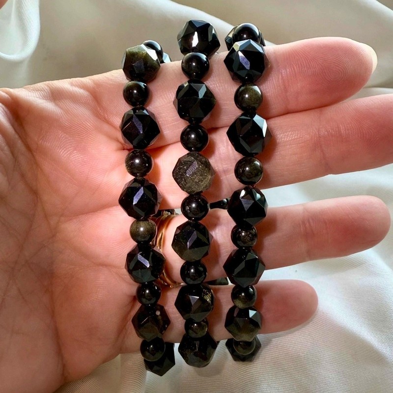 Golden Sheen Obsidian Bracelet | Faceted Geometric Beads | Stretch Bracelet gallery