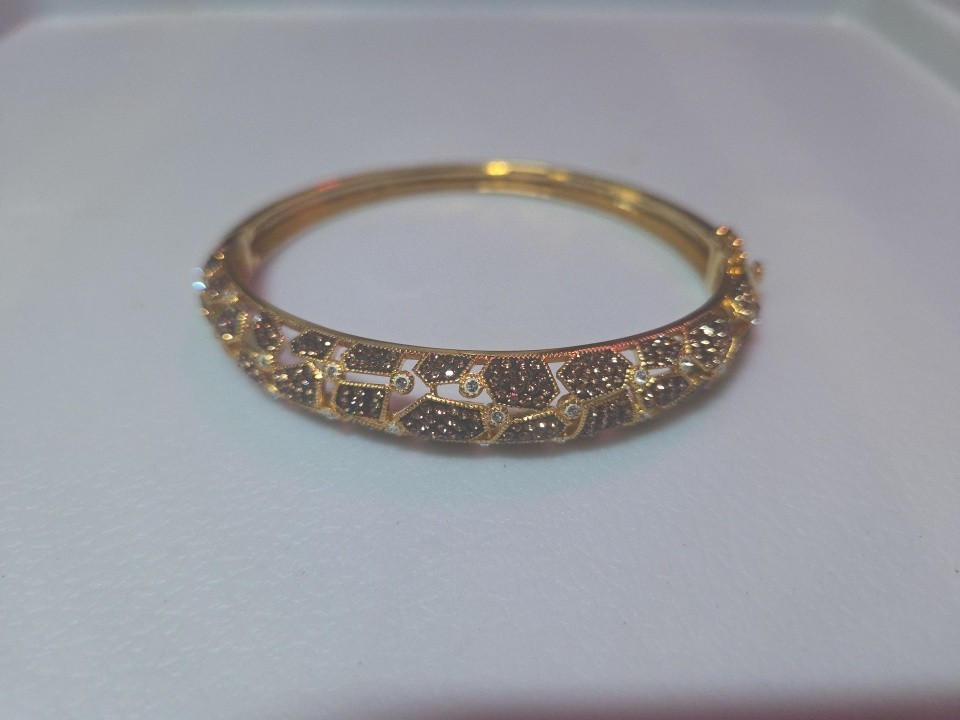 Gold Plated Black and Clear Crystal Giraffe Print Hinged Bracelet