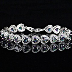 18K White Gold GF Created Mystic Crystal Stunning Rainbow Heart Tennis Bracelet