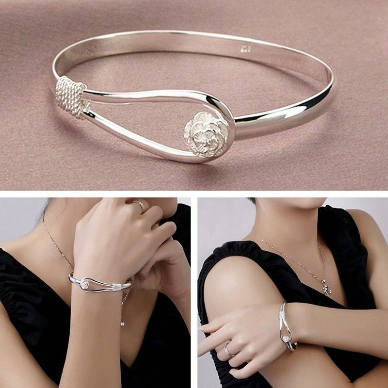 Women's Fashion Bracelet Silver Plated Bangle Style Flower Design 33-4 gallery