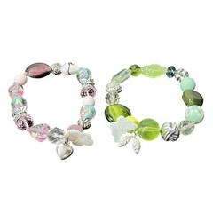Pair of Beaded Stretch Bracelets Pink Purple Floral & Green Leaf Charm Set