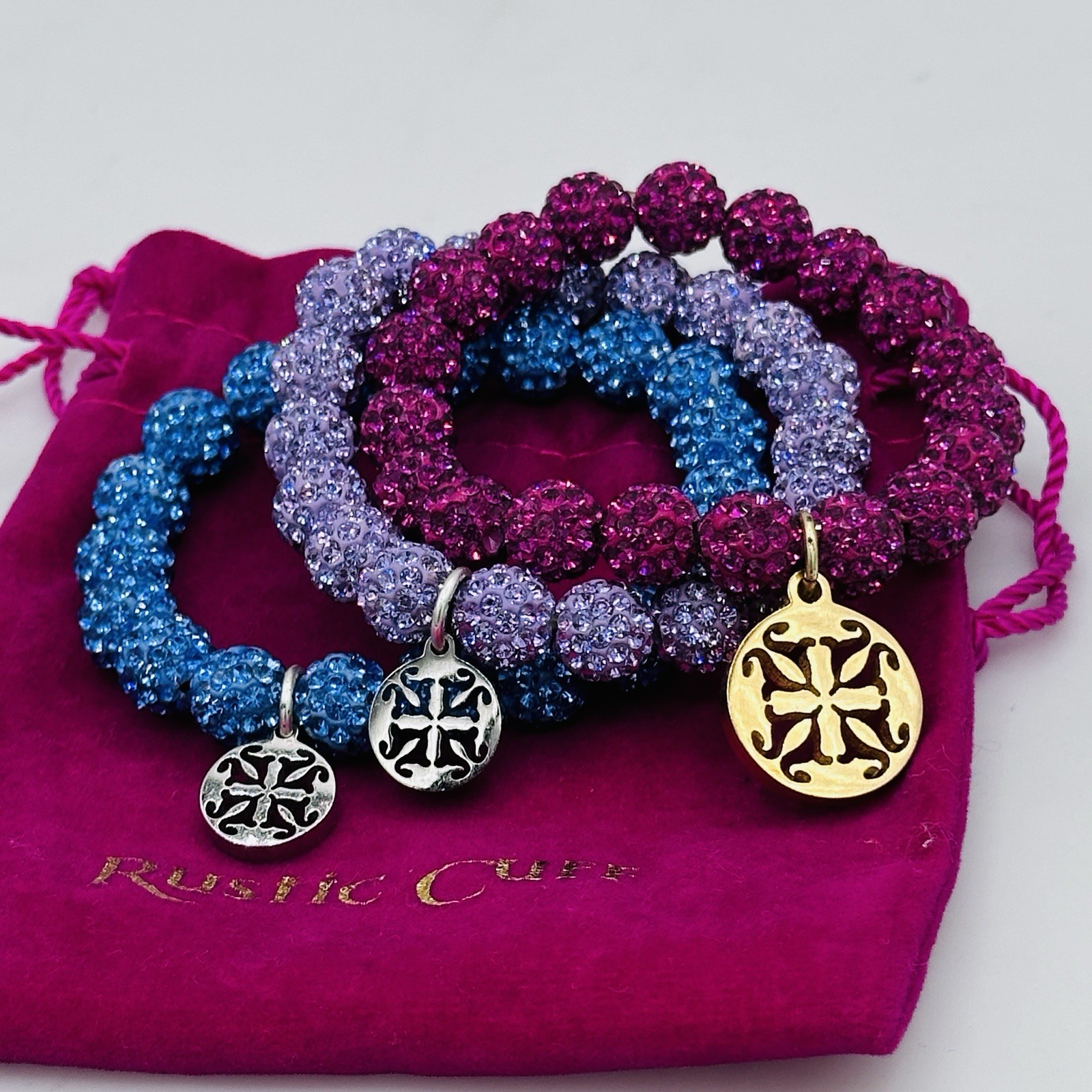 Rustic Cuff Crystal Bead Bracelet Stack Blue Lavender Pink 3 Pc Set Pouch gallery