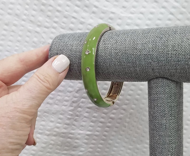 New! Celery Green Enameled Gold Tone and Crystal Oval Domed Clamper Bracelet gallery
