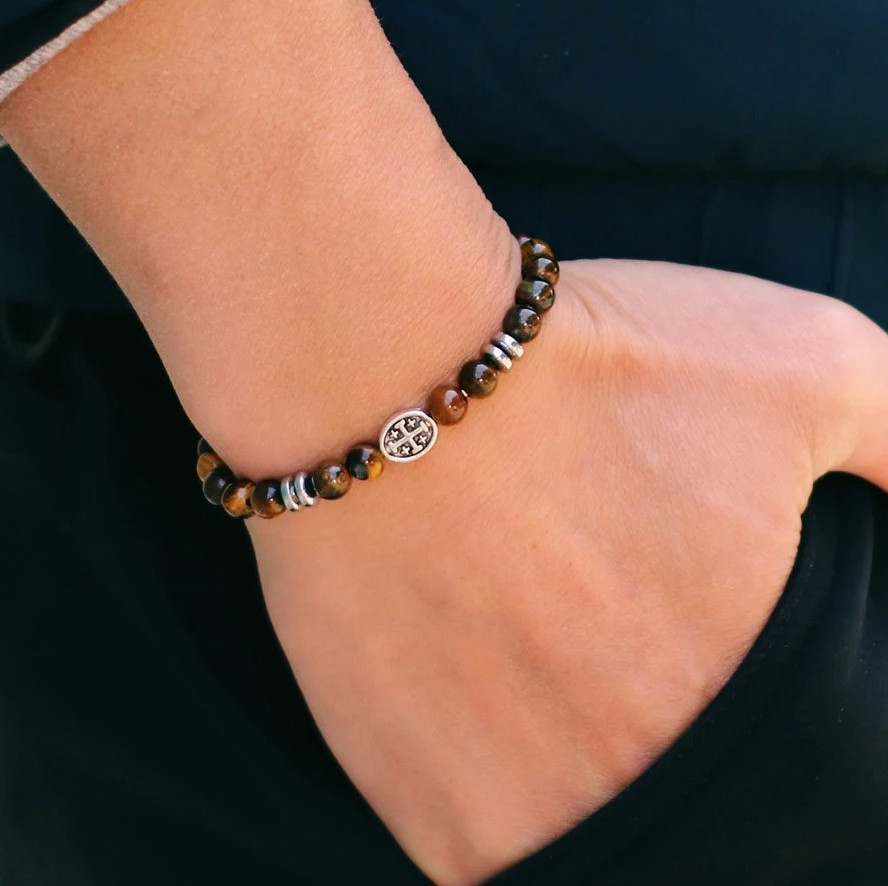Men’s Cross Beaded Bracelet Lava Turquoise Tiger Eye Viking Style gallery