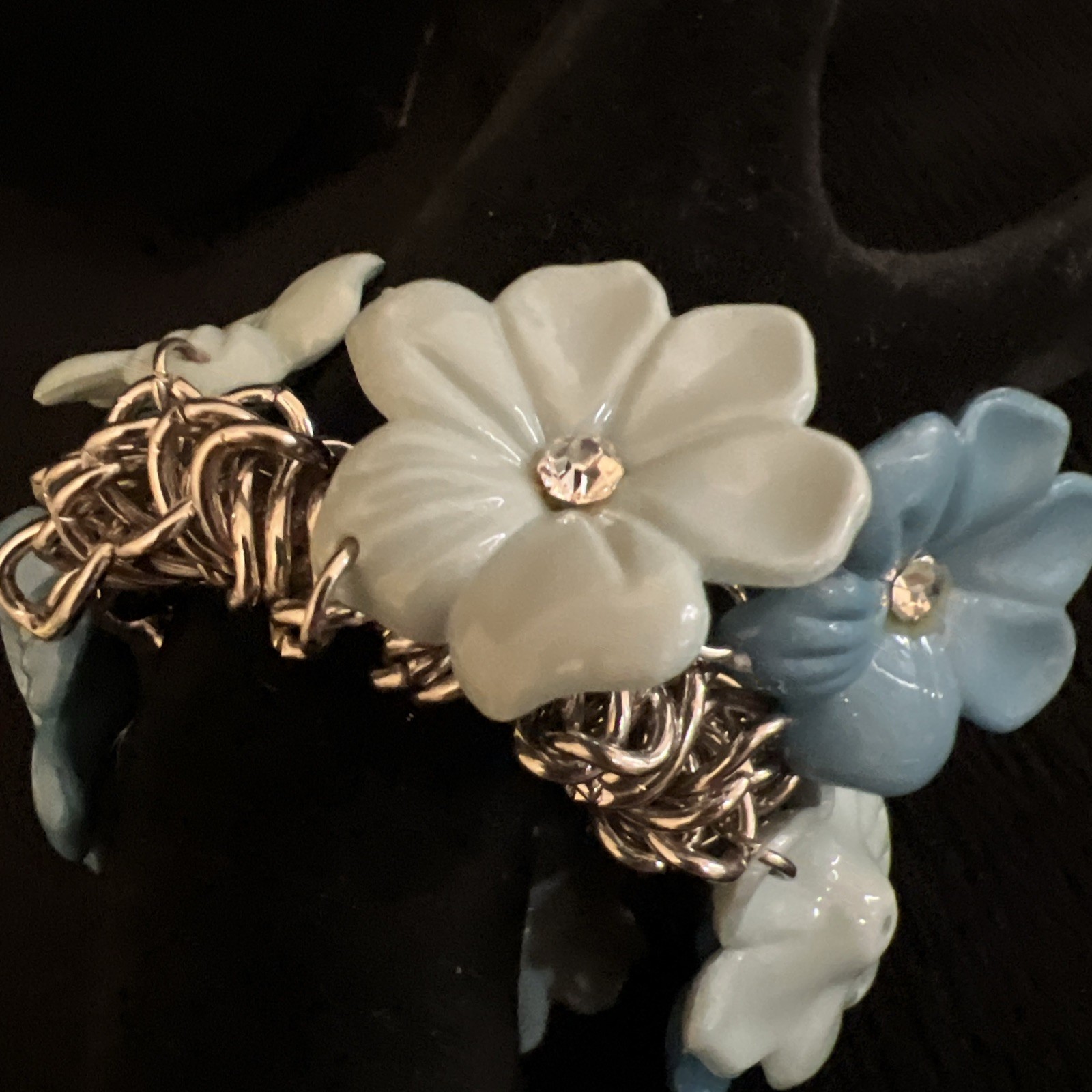 Blue & Light Blue Flower Chain Stretch Bracelet Rhinestone Accents Chainmaille gallery