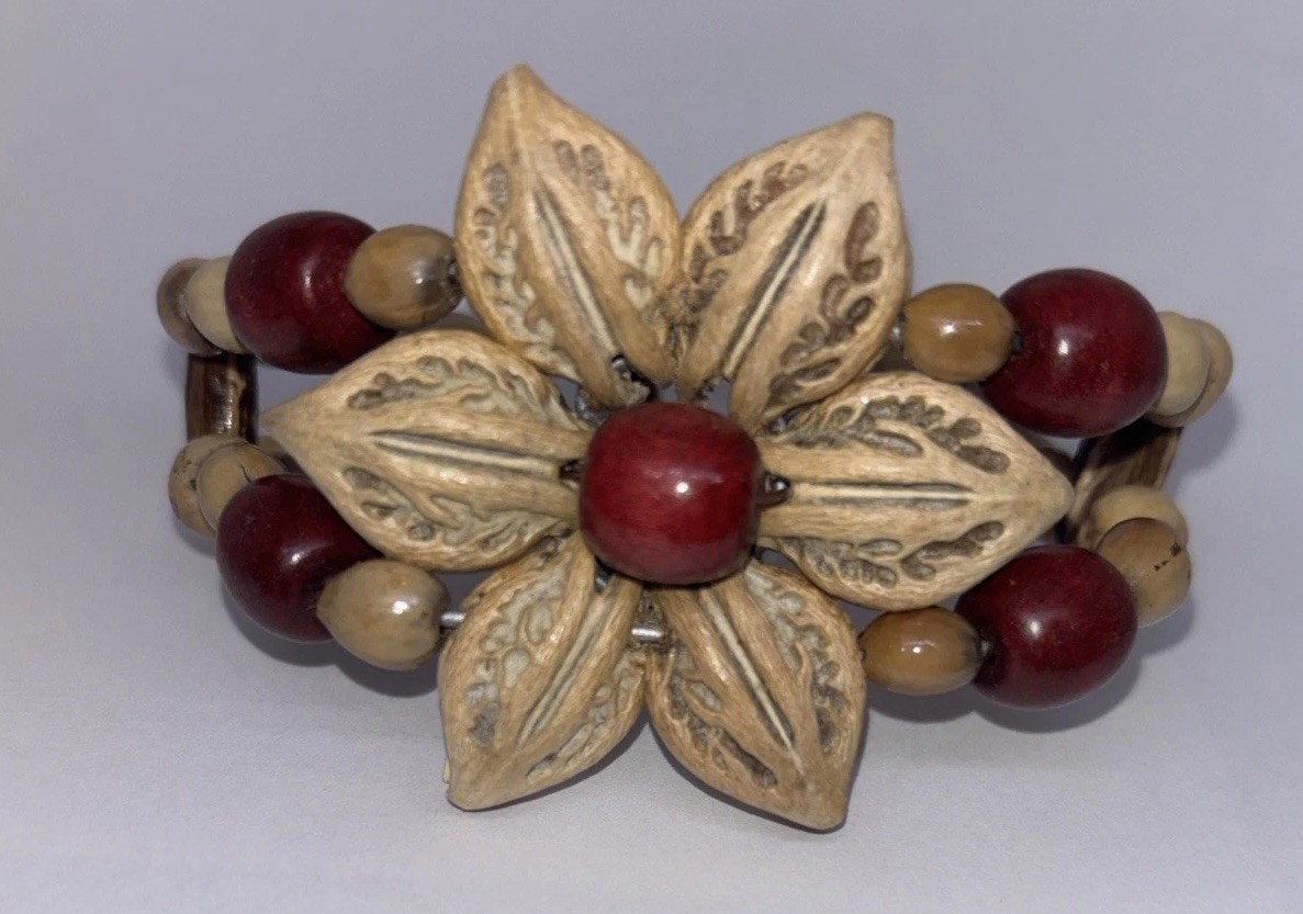 Vintage Flower Natural Seeds Beads Wired Brown Red Cuff Bracelet Islands Beach gallery